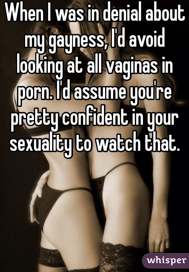 When I was in denial about my gayness, I'd avoid looking at all vaginas in porn. I'd assume you're pretty confident in your sexuality to watch that.