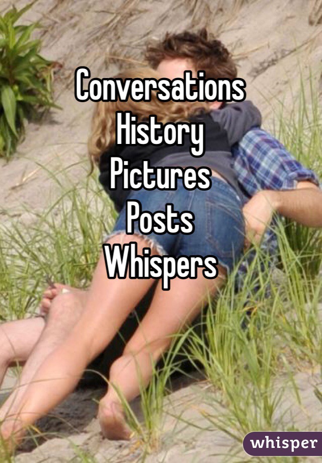 Conversations
History
Pictures
Posts
Whispers 