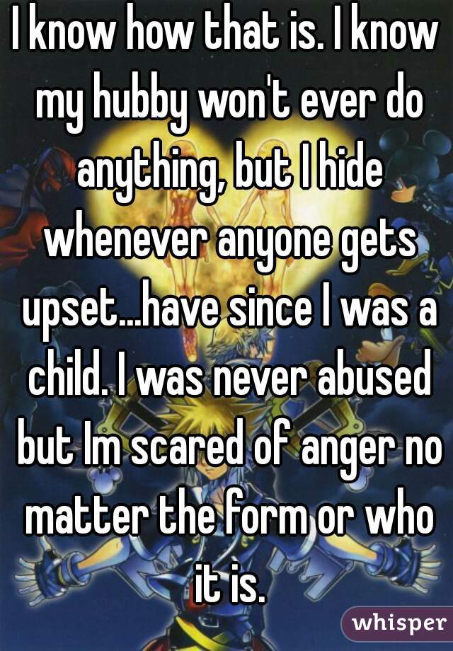 I know how that is. I know my hubby won't ever do anything, but I hide whenever anyone gets upset...have since I was a child. I was never abused but Im scared of anger no matter the form or who it is.
