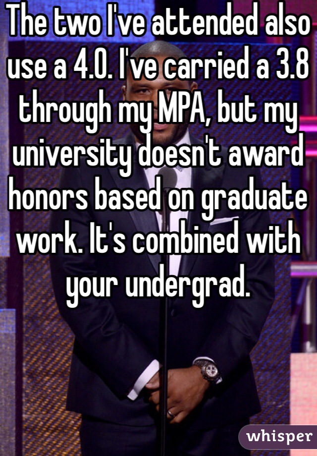 The two I've attended also use a 4.0. I've carried a 3.8 through my MPA, but my university doesn't award honors based on graduate work. It's combined with your undergrad. 