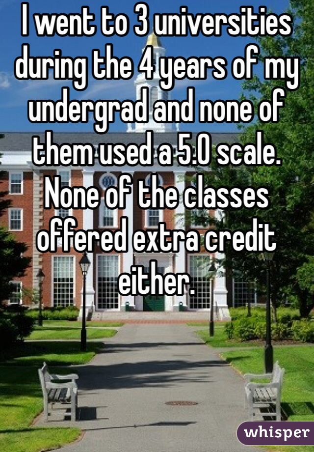 I went to 3 universities during the 4 years of my undergrad and none of them used a 5.0 scale. None of the classes offered extra credit either. 