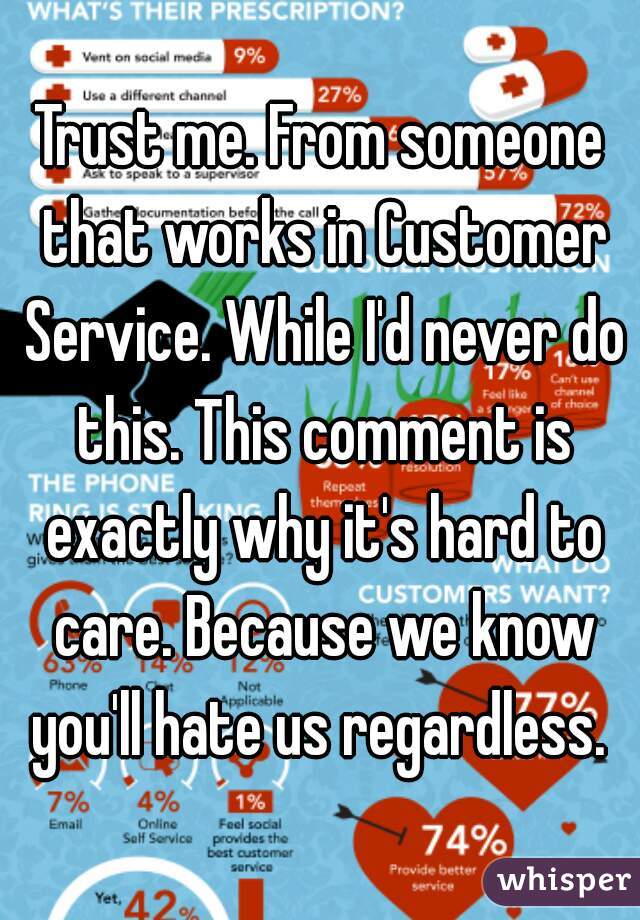 Trust me. From someone that works in Customer Service. While I'd never do this. This comment is exactly why it's hard to care. Because we know you'll hate us regardless. 