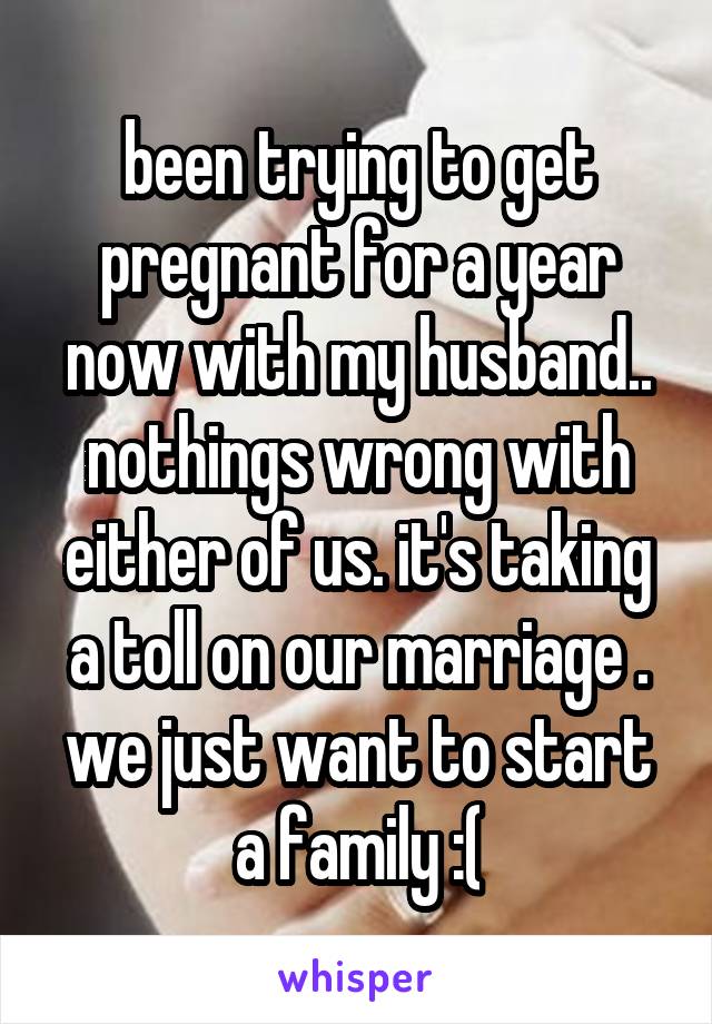 been trying to get pregnant for a year now with my husband.. nothings wrong with either of us. it's taking a toll on our marriage . we just want to start a family :(