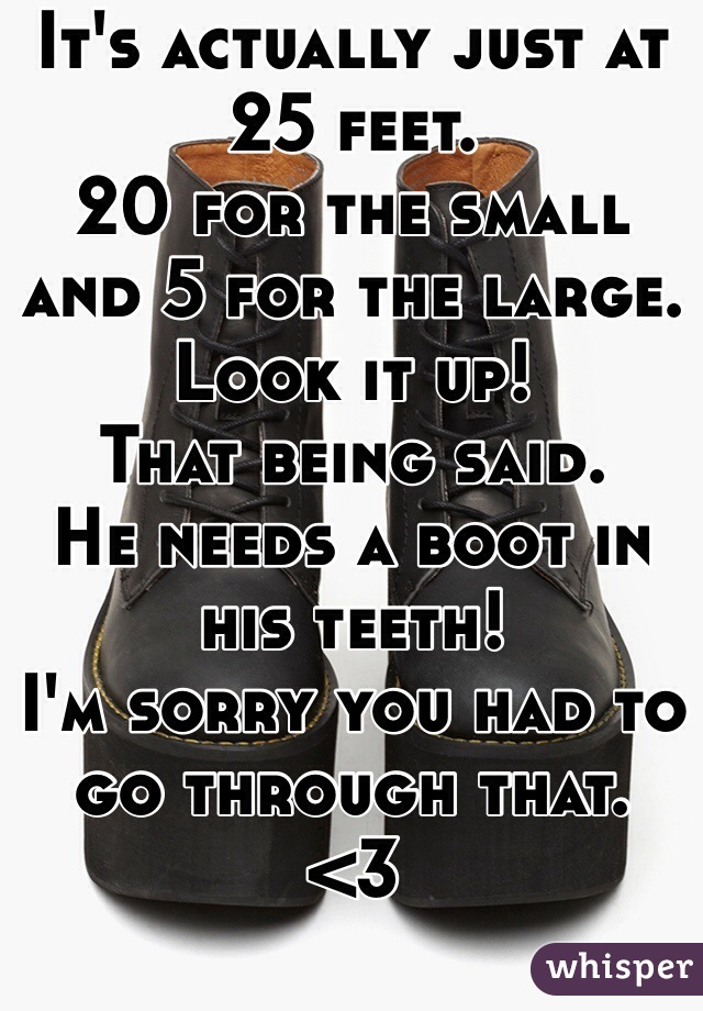It's actually just at 25 feet.
20 for the small and 5 for the large. 
Look it up! 
That being said.
He needs a boot in his teeth!
I'm sorry you had to go through that.
<3