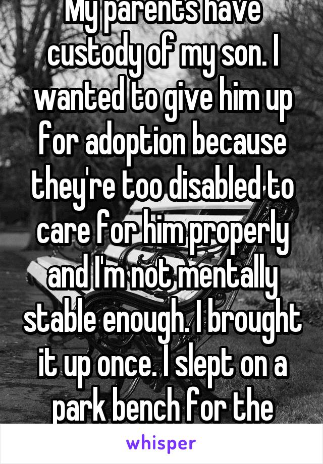 My parents have custody of my son. I wanted to give him up for adoption because they're too disabled to care for him properly and I'm not mentally stable enough. I brought it up once. I slept on a park bench for the next week.