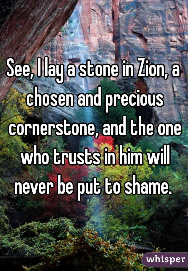 See, I lay a stone in Zion, a chosen and precious cornerstone, and the one who trusts in him will never be put to shame. 