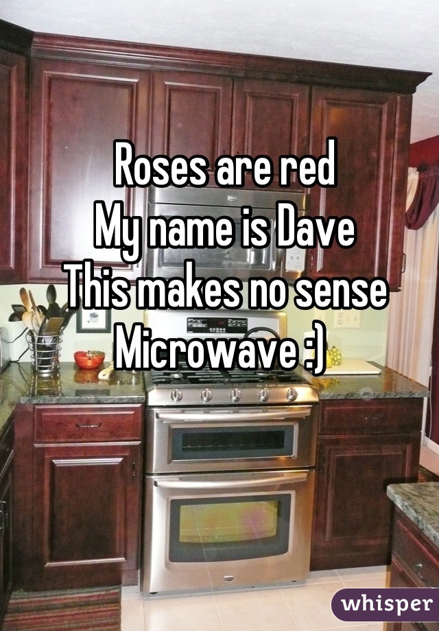 Roses are red 
My name is Dave 
This makes no sense 
Microwave :) 