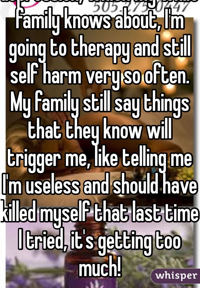 I suffer from sever depression, which my while family knows about, I'm going to therapy and still self harm very so often. My family still say things that they know will trigger me, like telling me I'm useless and should have killed myself that last time I tried, it's getting too much! 