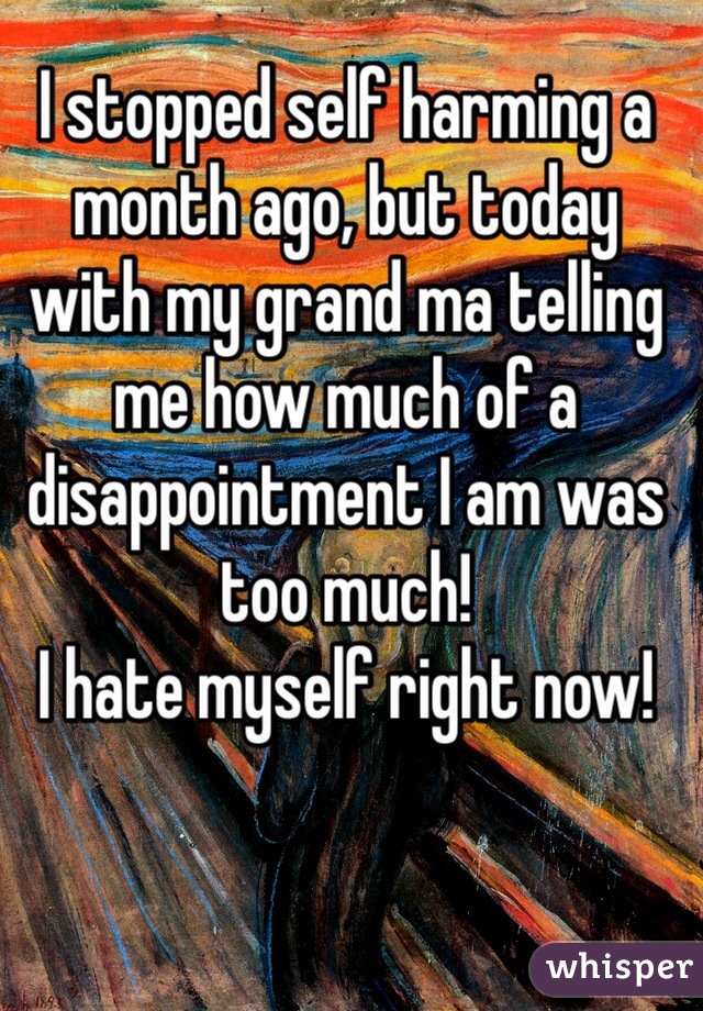 I stopped self harming a month ago, but today with my grand ma telling me how much of a disappointment I am was too much! 
I hate myself right now! 
