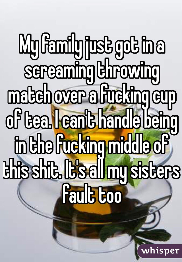 My family just got in a screaming throwing match over a fucking cup of tea. I can't handle being in the fucking middle of this shit. It's all my sisters fault too