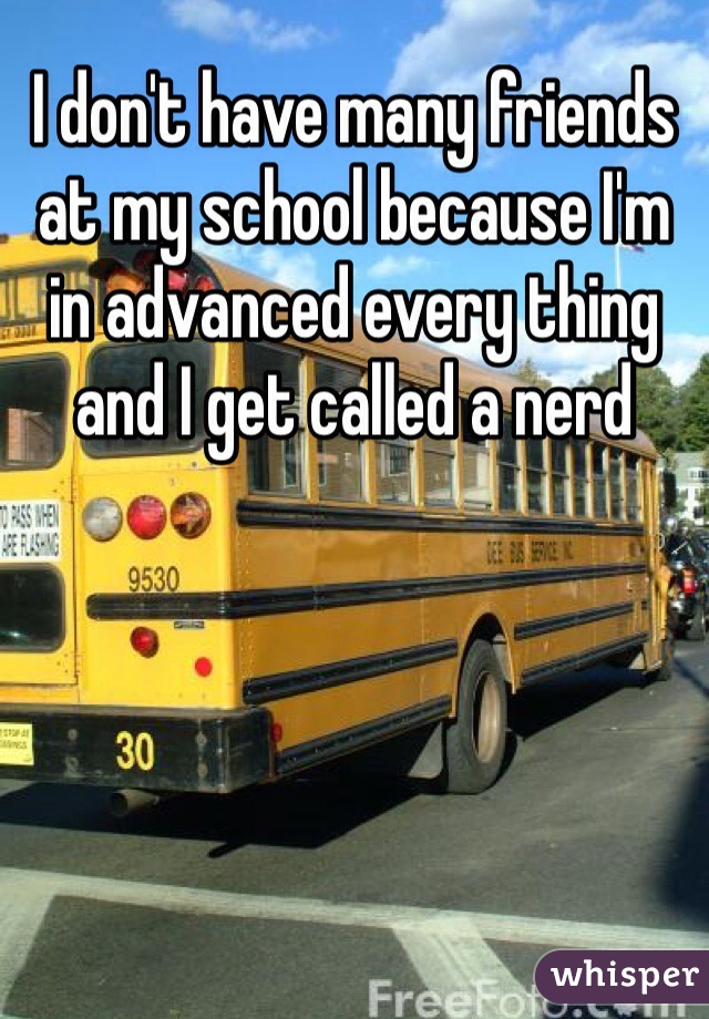 I don't have many friends at my school because I'm in advanced every thing and I get called a nerd
