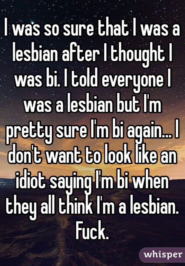 I was so sure that I was a lesbian after I thought I was bi. I told everyone I was a lesbian but I'm pretty sure I'm bi again... I don't want to look like an idiot saying I'm bi when they all think I'm a lesbian. Fuck. 