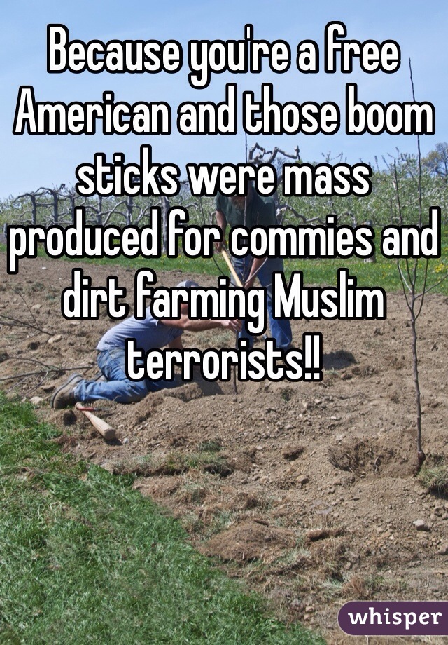 Because you're a free American and those boom sticks were mass produced for commies and dirt farming Muslim terrorists!!