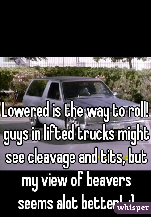 Lowered is the way to roll! guys in lifted trucks might see cleavage and tits, but my view of beavers seems alot better!  :)