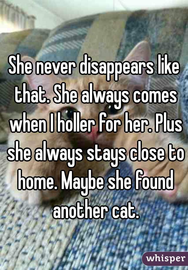 She never disappears like that. She always comes when I holler for her. Plus she always stays close to home. Maybe she found another cat.