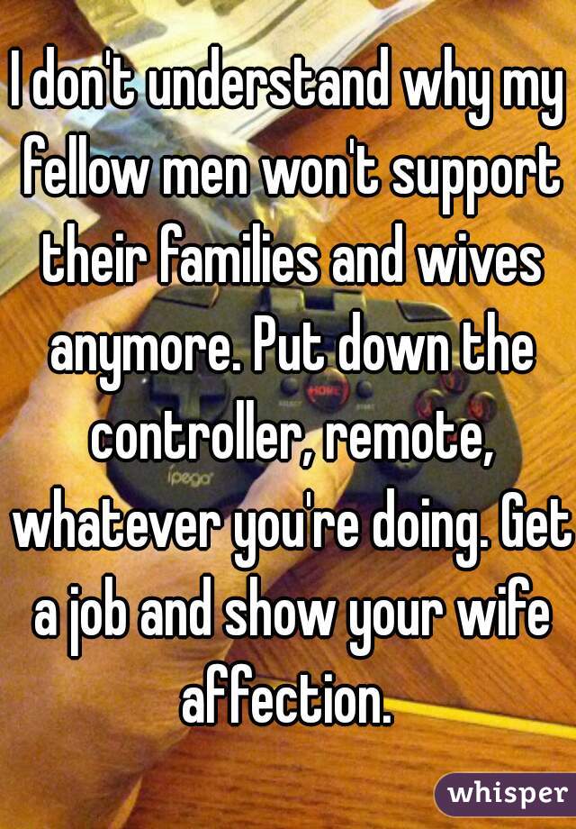 I don't understand why my fellow men won't support their families and wives anymore. Put down the controller, remote, whatever you're doing. Get a job and show your wife affection. 
