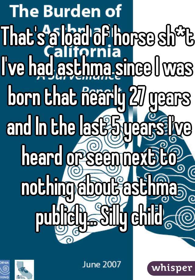 That's a load of horse sh*t

I've had asthma since I was born that nearly 27 years and In the last 5 years I've heard or seen next to nothing about asthma publicly... Silly child