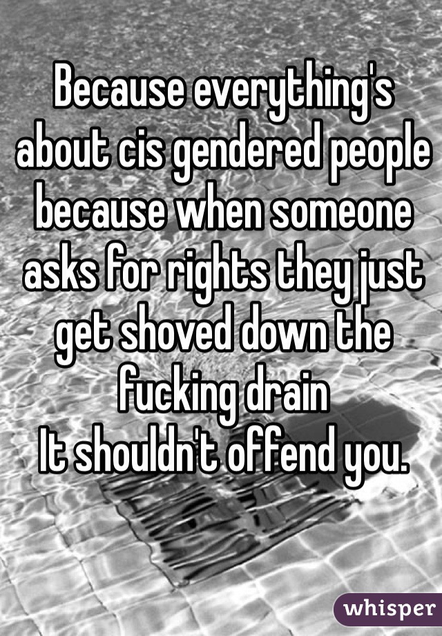 Because everything's about cis gendered people because when someone asks for rights they just get shoved down the fucking drain
It shouldn't offend you. 
