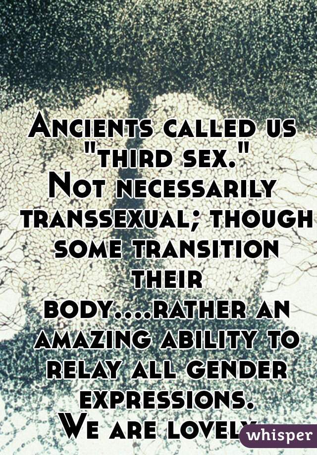 Ancients called us "third sex."
Not necessarily transsexual; though some transition their body....rather an amazing ability to relay all gender expressions.
We are lovely.
 