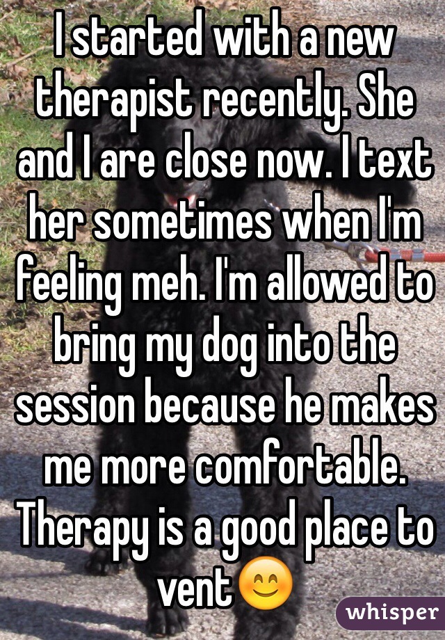 I started with a new therapist recently. She and I are close now. I text her sometimes when I'm feeling meh. I'm allowed to bring my dog into the session because he makes me more comfortable. Therapy is a good place to vent😊