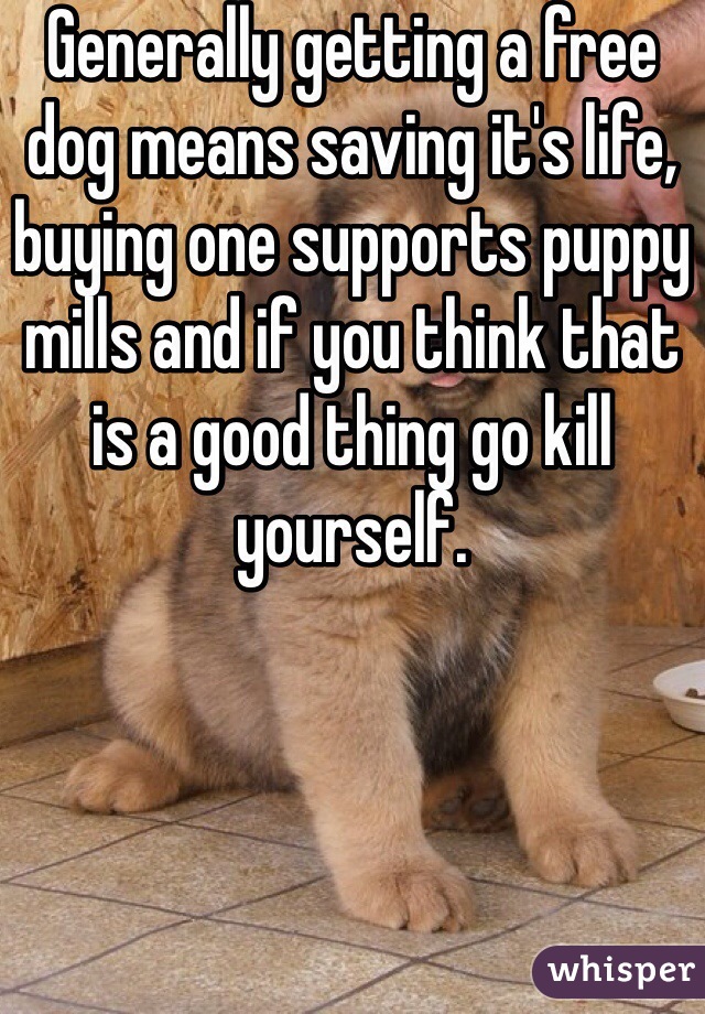 Generally getting a free dog means saving it's life, buying one supports puppy mills and if you think that is a good thing go kill yourself. 