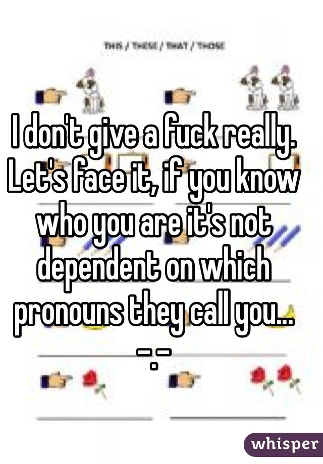 I don't give a fuck really. Let's face it, if you know who you are it's not dependent on which pronouns they call you...
-.-