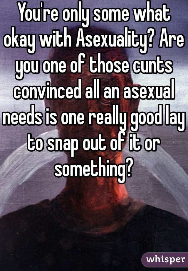 You're only some what okay with Asexuality? Are you one of those cunts convinced all an asexual needs is one really good lay to snap out of it or something?