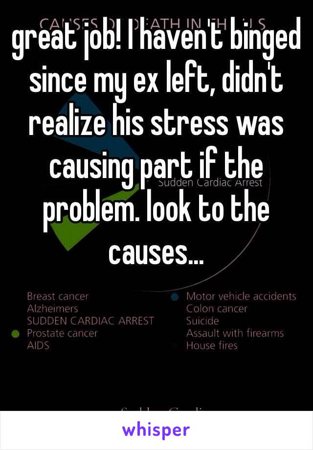 great job! I haven't binged since my ex left, didn't realize his stress was causing part if the problem. look to the causes...