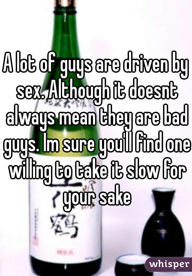 A lot of guys are driven by sex. Although it doesnt always mean they are bad guys. Im sure you'll find one willing to take it slow for your sake