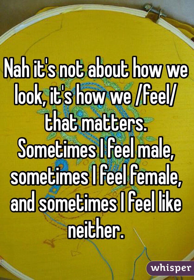 Nah it's not about how we look, it's how we /feel/ that matters. 
Sometimes I feel male, sometimes I feel female, and sometimes I feel like neither.