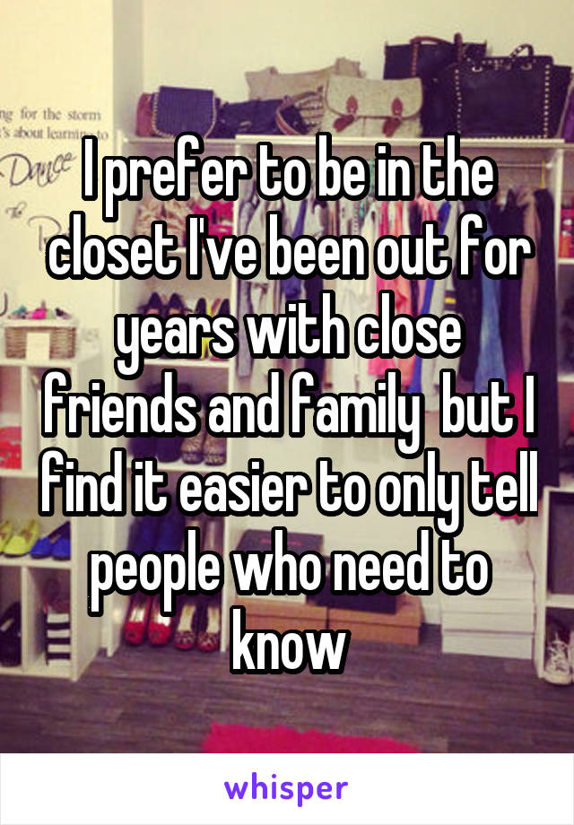 I prefer to be in the closet I've been out for years with close friends and family  but I find it easier to only tell people who need to know