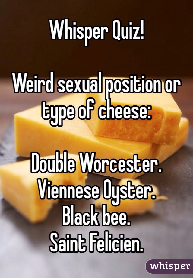 Whisper Quiz!

Weird sexual position or type of cheese:

Double Worcester.
Viennese Oyster.
Black bee.
Saint Felicien.