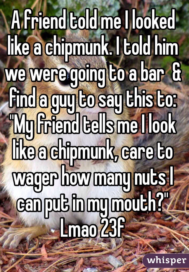 A friend told me I looked like a chipmunk. I told him we were going to a bar  & find a guy to say this to:
"My friend tells me I look like a chipmunk, care to wager how many nuts I can put in my mouth?"
Lmao 23f