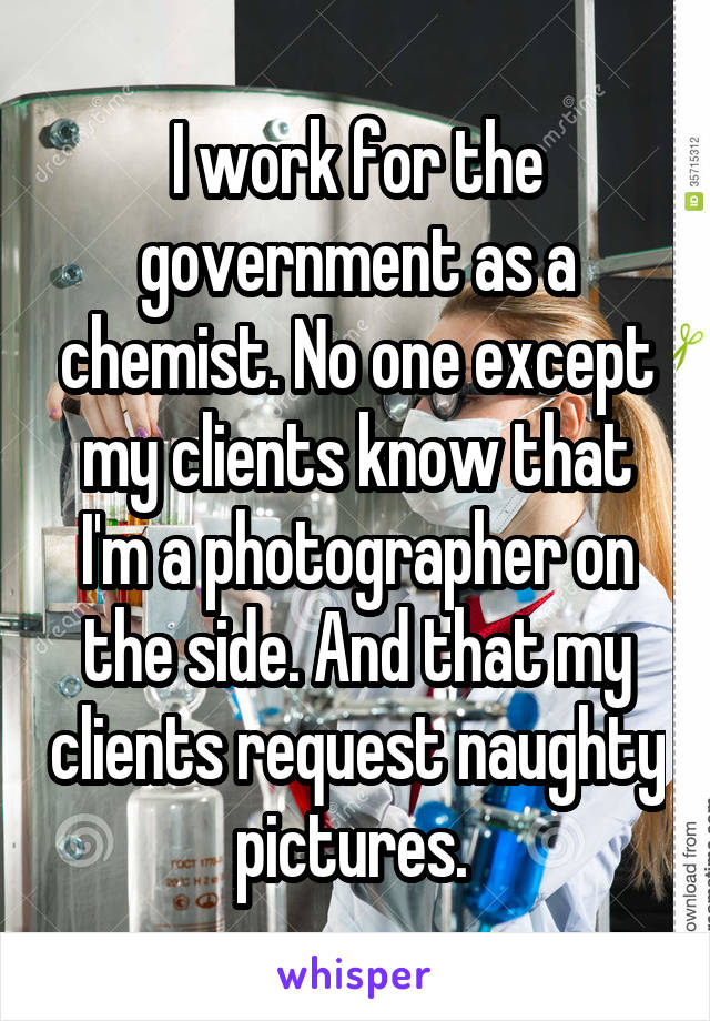 I work for the government as a chemist. No one except my clients know that I'm a photographer on the side. And that my clients request naughty pictures. 