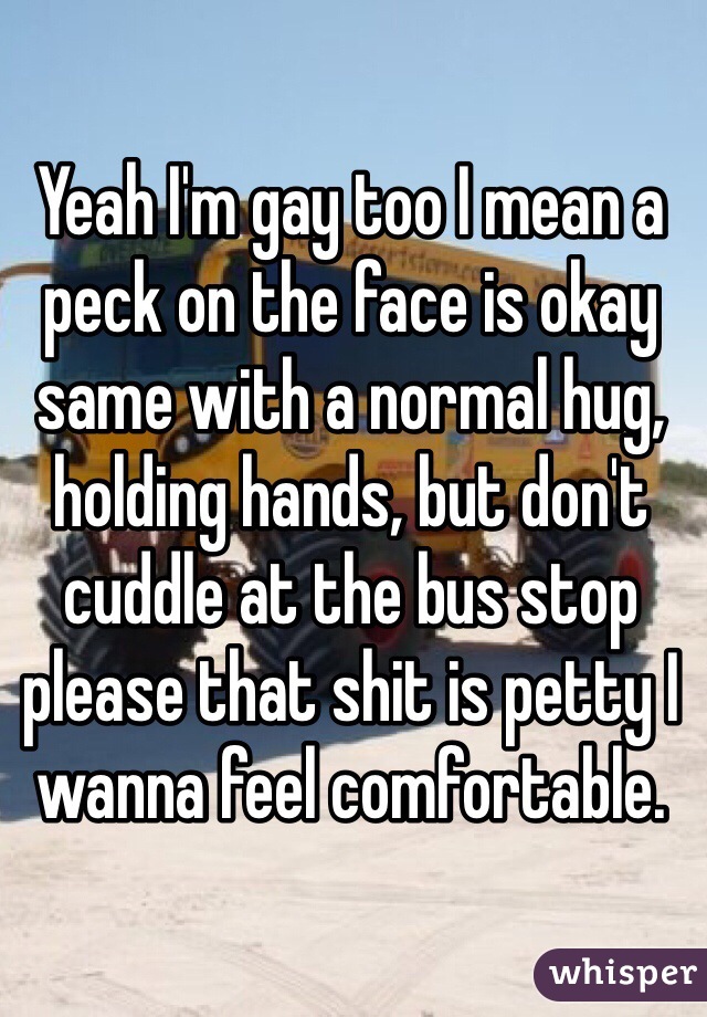 Yeah I'm gay too I mean a peck on the face is okay same with a normal hug, holding hands, but don't cuddle at the bus stop please that shit is petty I wanna feel comfortable.