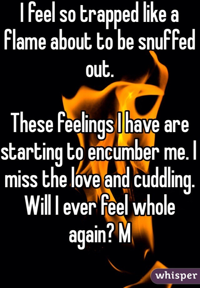 I feel so trapped like a flame about to be snuffed out. 

These feelings I have are starting to encumber me. I miss the love and cuddling. Will I ever feel whole again? M