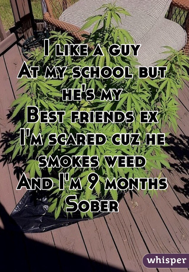 I like a guy 
At my school but he's my 
Best friends ex
I'm scared cuz he smokes weed
And I'm 9 months 
Sober 