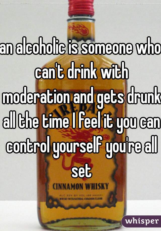 an alcoholic is someone who can't drink with moderation and gets drunk all the time I feel it you can control yourself you're all set