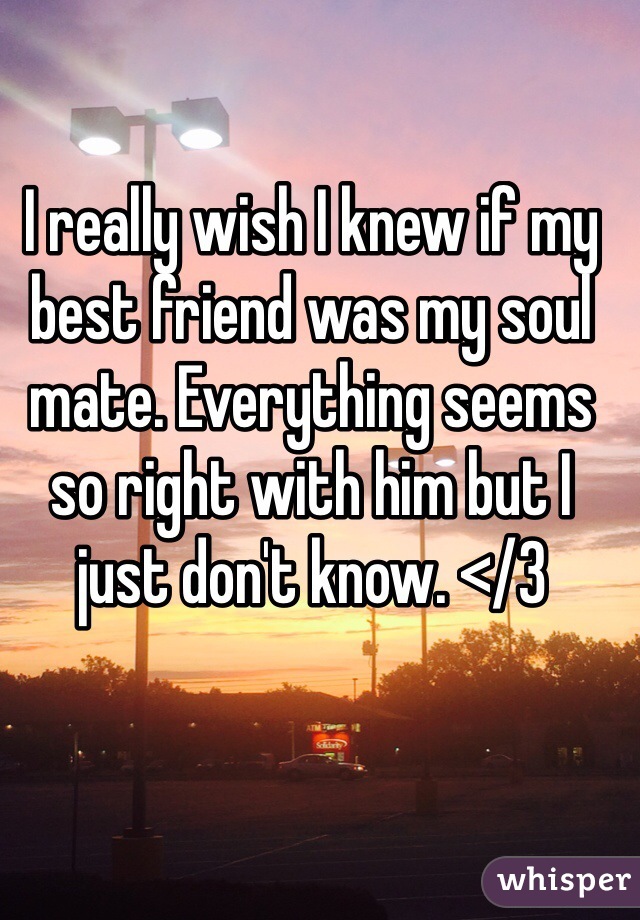 I really wish I knew if my best friend was my soul mate. Everything seems so right with him but I just don't know. </3