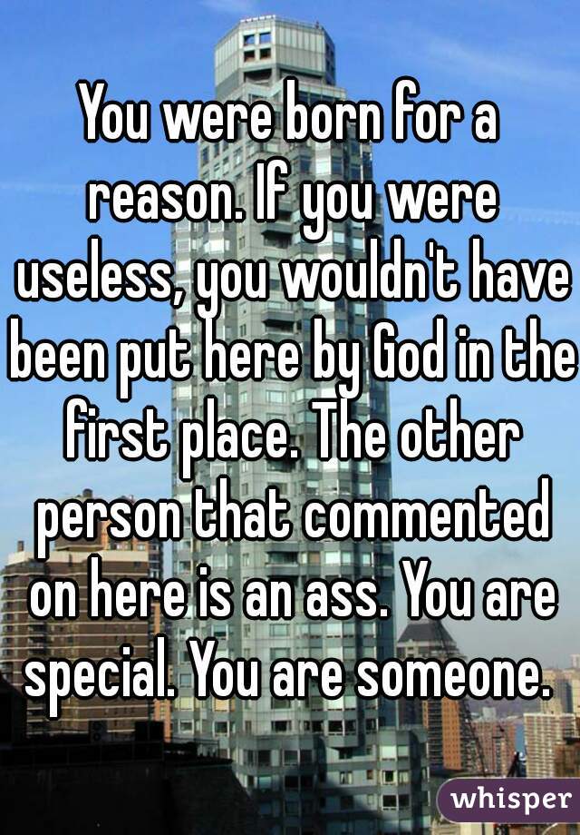 You were born for a reason. If you were useless, you wouldn't have been put here by God in the first place. The other person that commented on here is an ass. You are special. You are someone. 