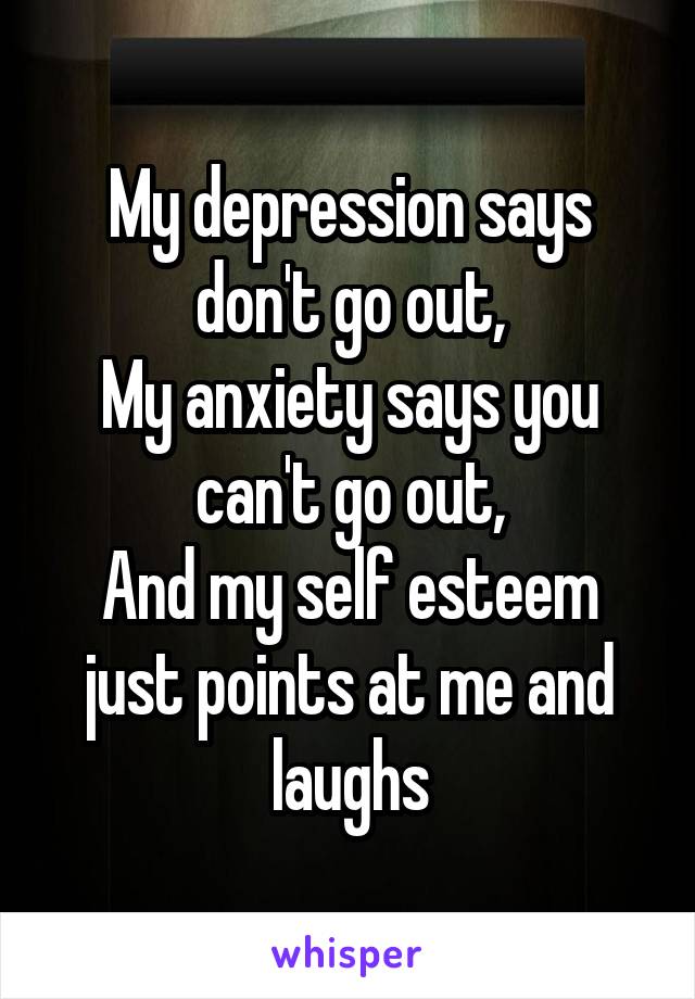 My depression says don't go out,
My anxiety says you can't go out,
And my self esteem just points at me and laughs