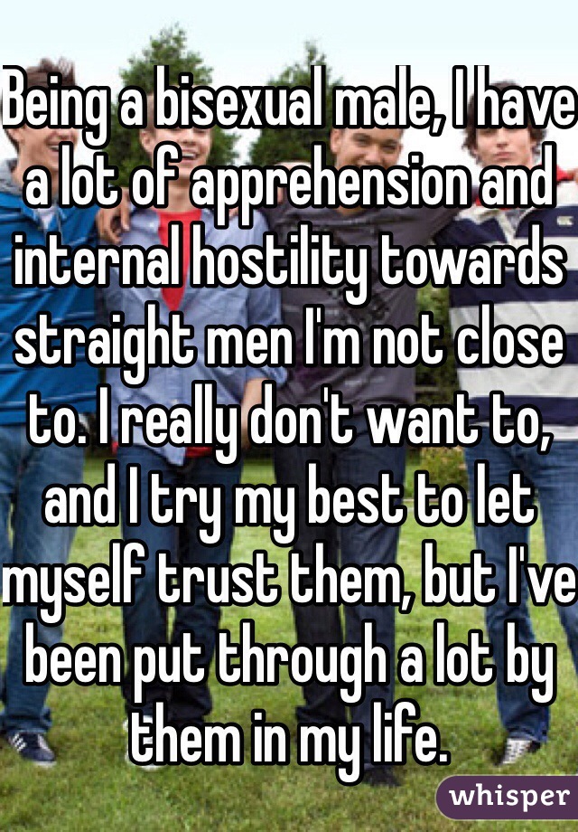 Being a bisexual male, I have a lot of apprehension and internal hostility towards straight men I'm not close to. I really don't want to, and I try my best to let myself trust them, but I've been put through a lot by them in my life.
