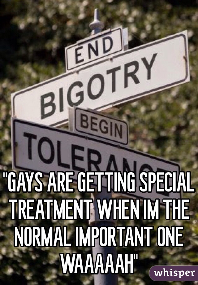 "GAYS ARE GETTING SPECIAL TREATMENT WHEN IM THE NORMAL IMPORTANT ONE WAAAAAH" 