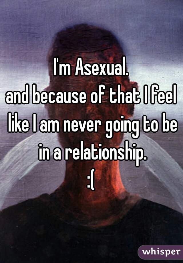 I'm Asexual.
and because of that I feel like I am never going to be in a relationship.
:(