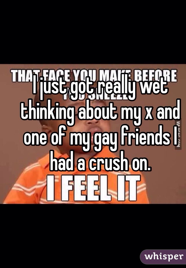 I just got really wet thinking about my x and one of my gay friends I had a crush on. 