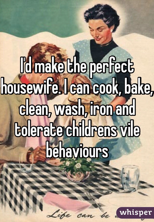I'd make the perfect housewife. I can cook, bake, clean, wash, iron and tolerate childrens vile behaviours 