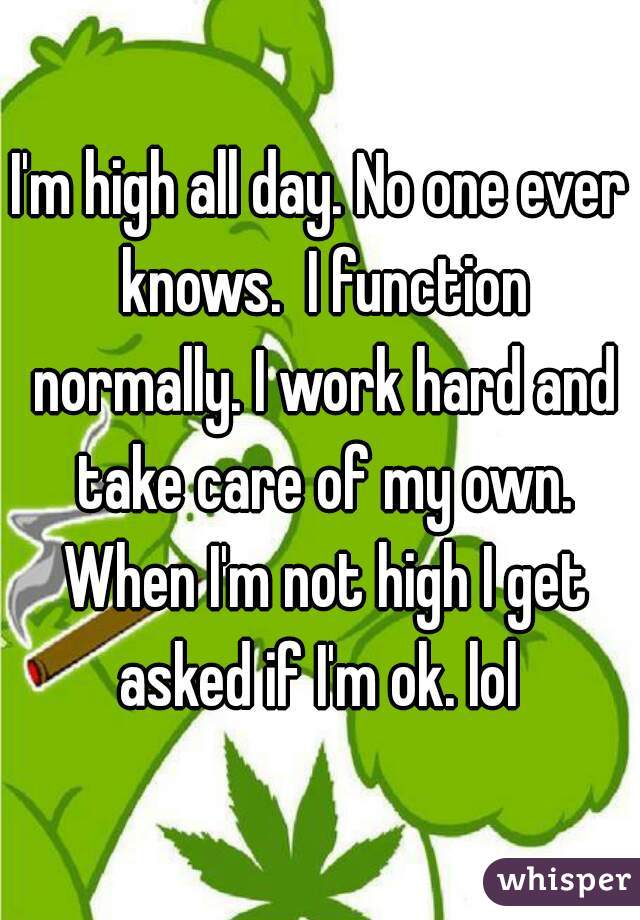 I'm high all day. No one ever knows.  I function normally. I work hard and take care of my own. When I'm not high I get asked if I'm ok. lol 