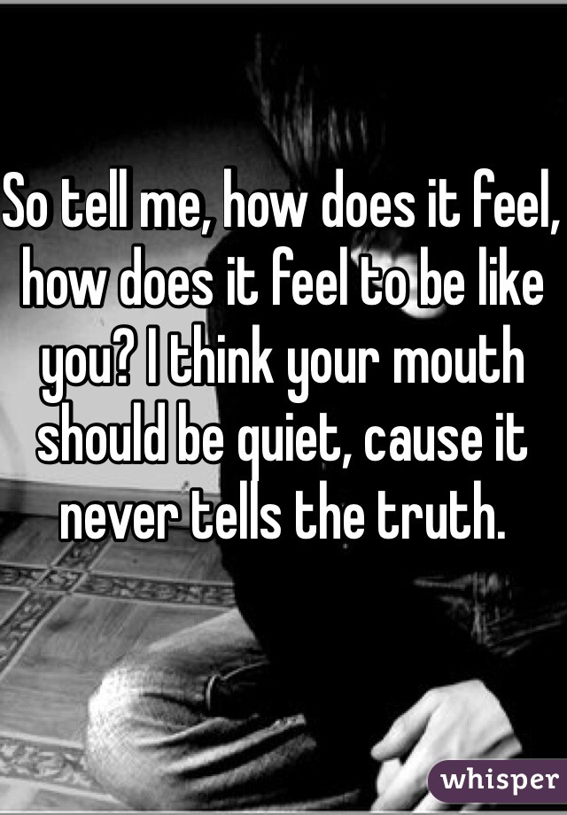 So tell me, how does it feel, how does it feel to be like you? I think your mouth should be quiet, cause it never tells the truth. 