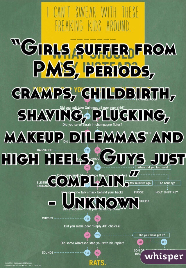 “Girls suffer from PMS, periods, cramps, childbirth, shaving, plucking, makeup dilemmas and high heels. Guys just complain.”
- Unknown 