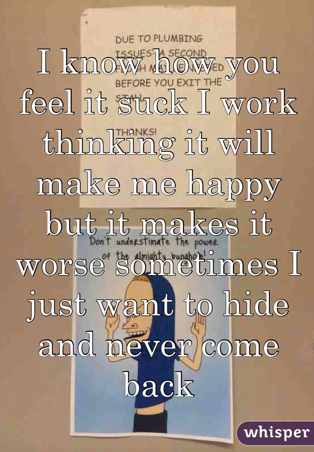 I know how you feel it suck I work thinking it will make me happy but it makes it worse sometimes I just want to hide and never come back 